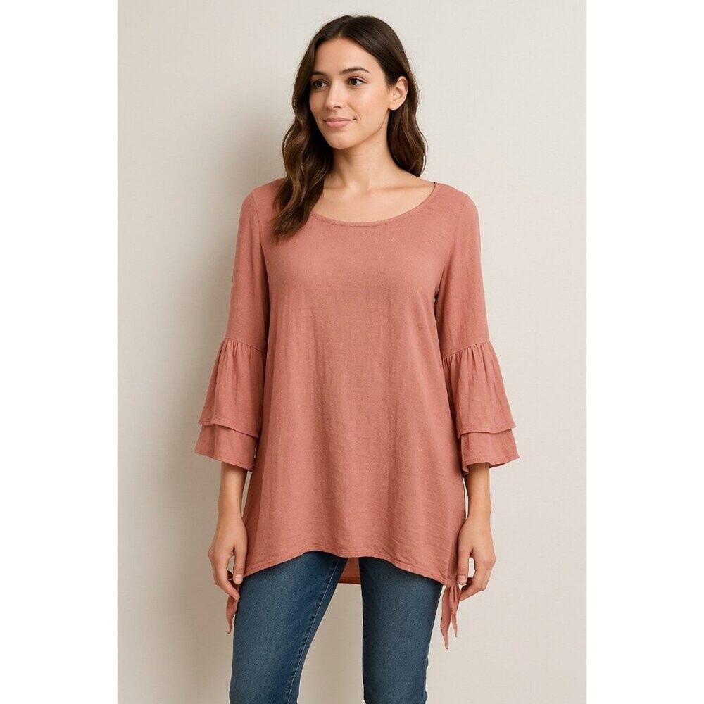 Indigo Soul Pink Boho Bell Sleeve Tunic Top XL Side Ties Lined